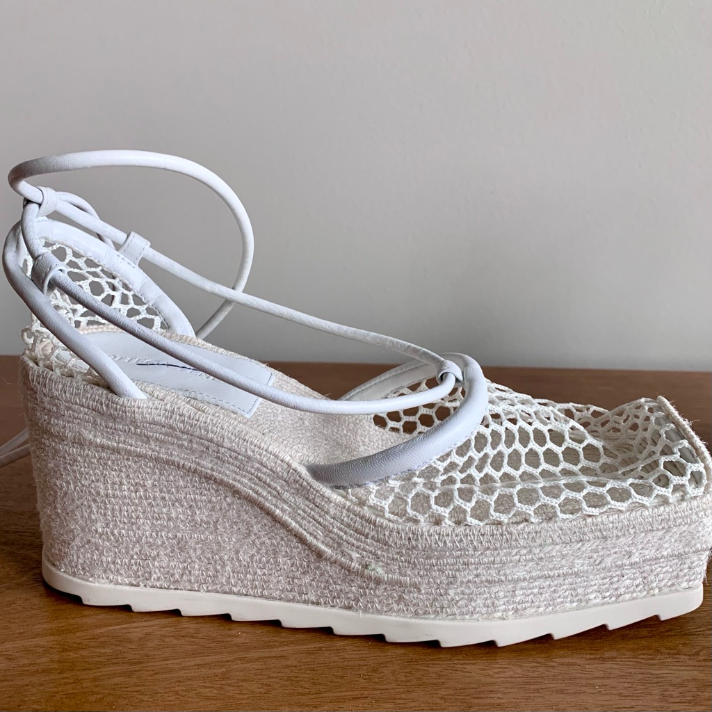 Bottega Veneta White Woven Wedges